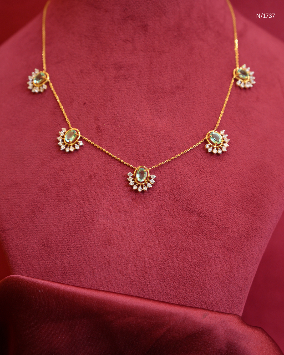 Modern Oval Emerald Cabochon & CZ Polki Crescent Station Necklace | SKU: N/1737