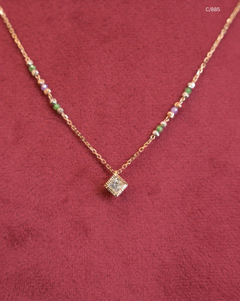 Multi-Color Beaded Station Necklace with Cushion Pave CZ Halo Pendant | SKU: C/885