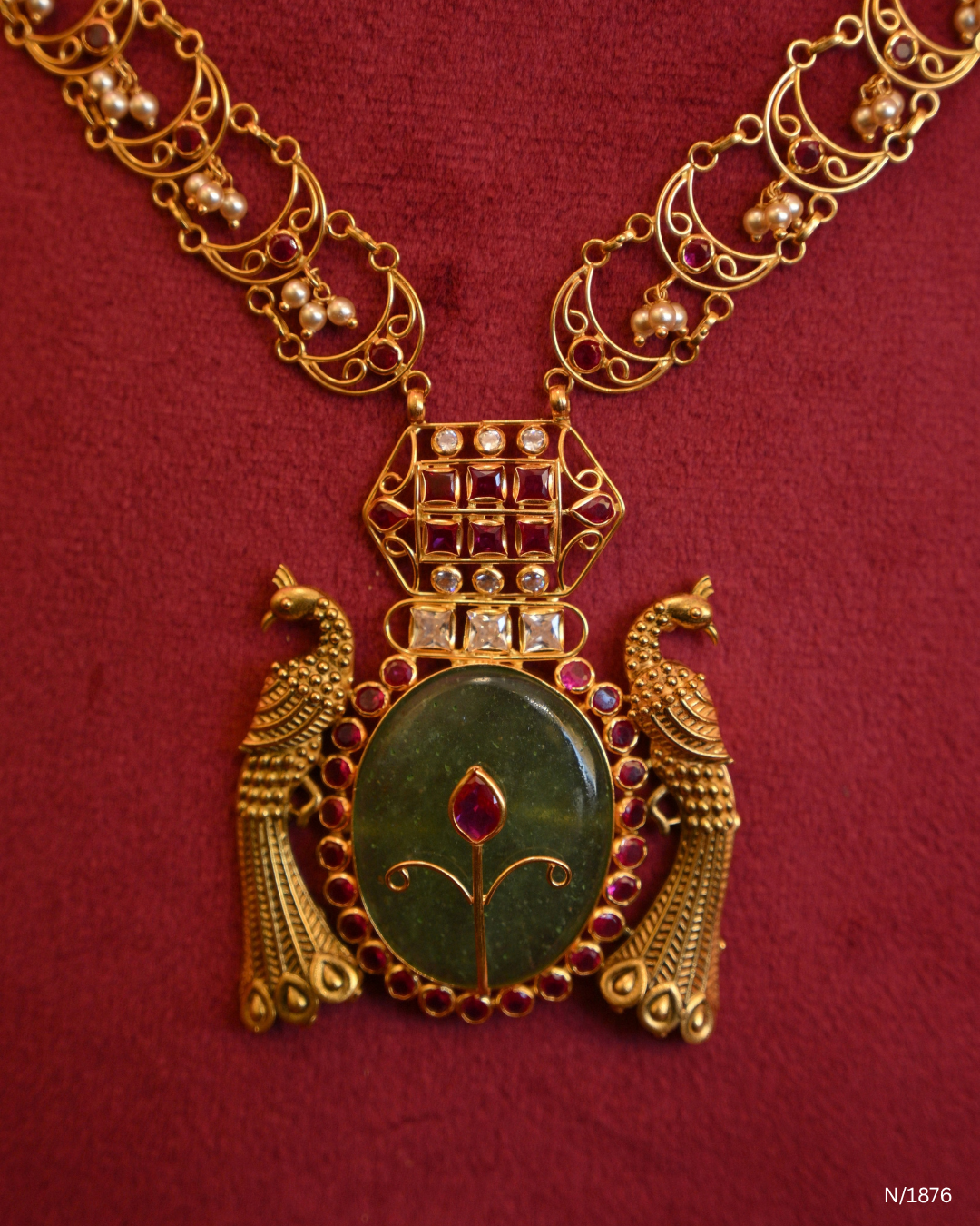 Traditional Twin Peacock Oval Emerald Pendant Temple Necklace with CZ Polki Geometry | SKU: N/1876