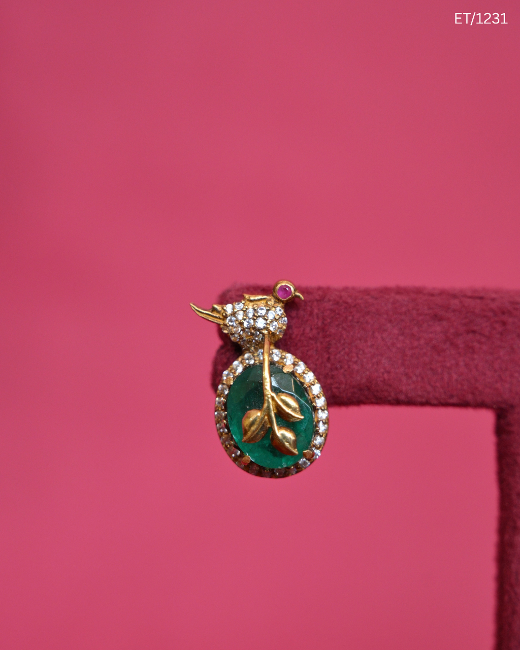 Polki Emerald Green & Bird Motif Stud Earrings | SKU: ET/1231