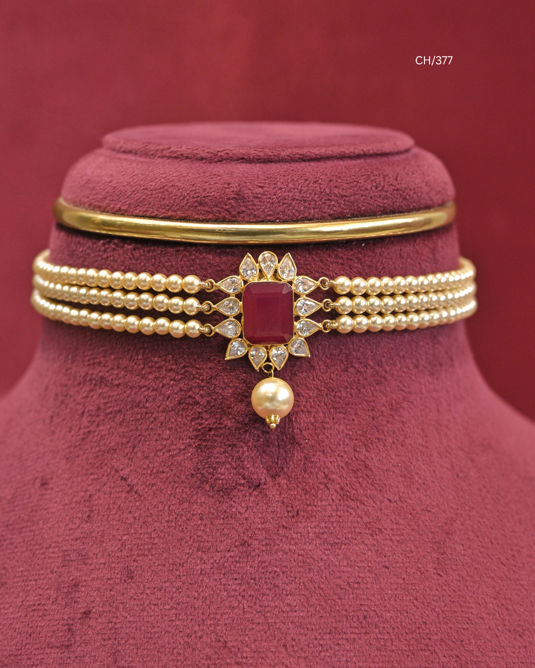 Octagonal Ruby Floral Motif & Pearl Multi-Strand Choker |SKU: CH/377