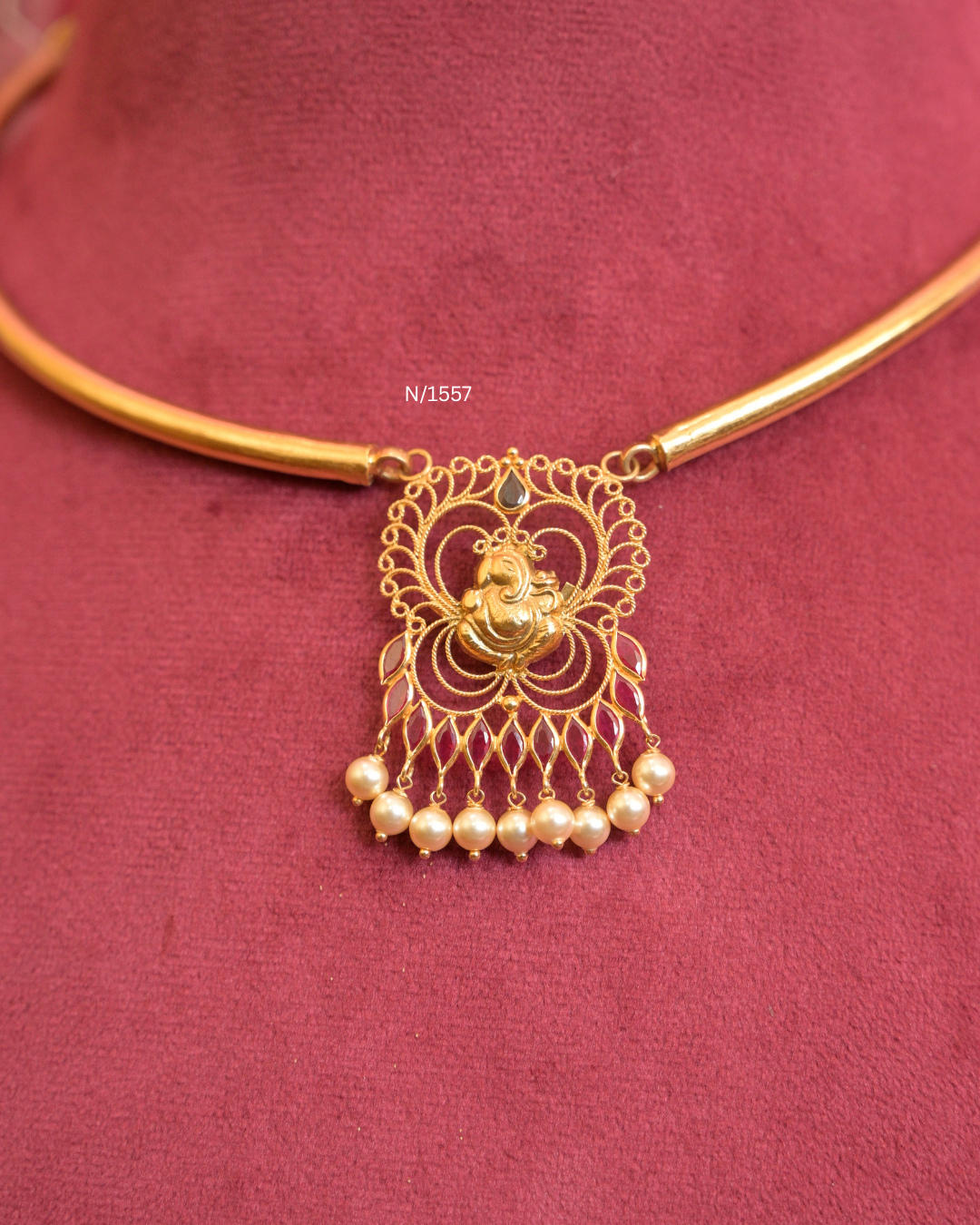 Lord Ganesha Filigree Pendant Tubular Hasli Necklace with Rubies & Pearl Drops| SKU: N/1557