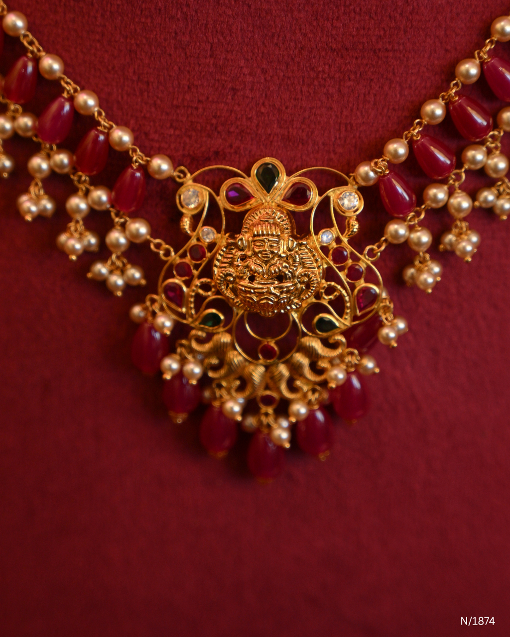 Traditional Goddess Lakshmi Temple Choker with Ruby Beads & Pearl Clusters | SKU: N/1874