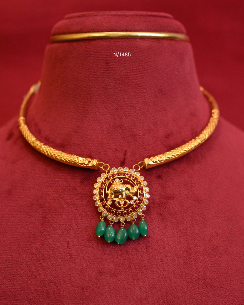 Royal Elephant (Gaja) Nakshi Medallion Pendant Tubular Hasli Necklace with Rubies, CZ Polki & Emerald Bead Drops | SKU: N/1485
