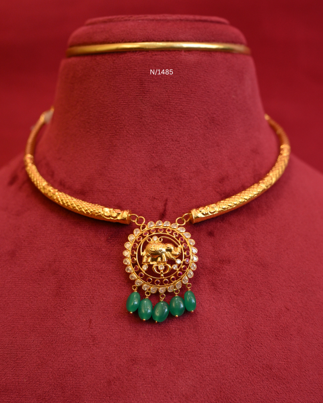 Royal Elephant (Gaja) Nakshi Medallion Pendant Tubular Hasli Necklace with Rubies, CZ Polki & Emerald Bead Drops | SKU: N/1485