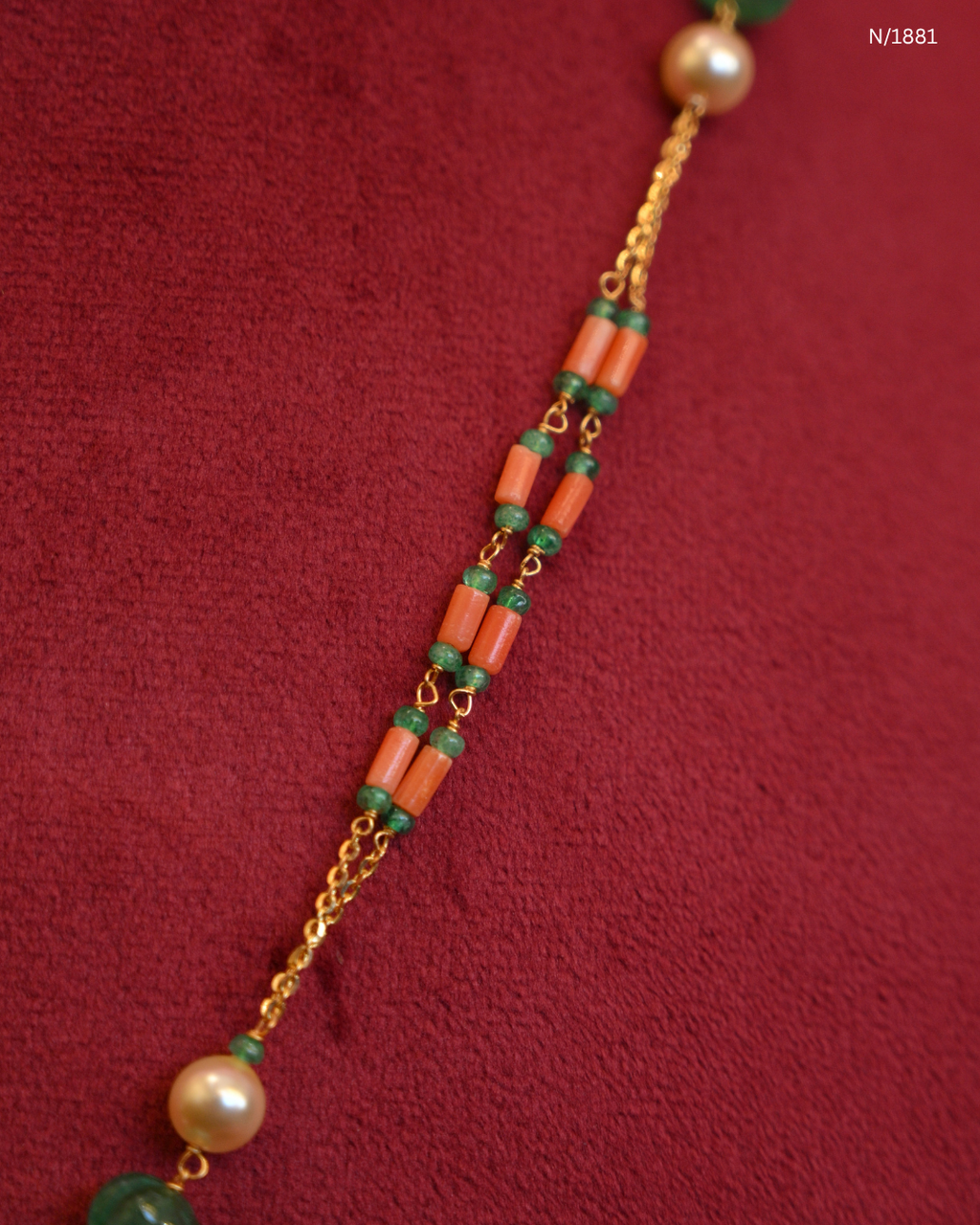 Royal Elephant Motif Coral & Emerald Beaded Station Tassel Y-Necklace | SKU: N/1881