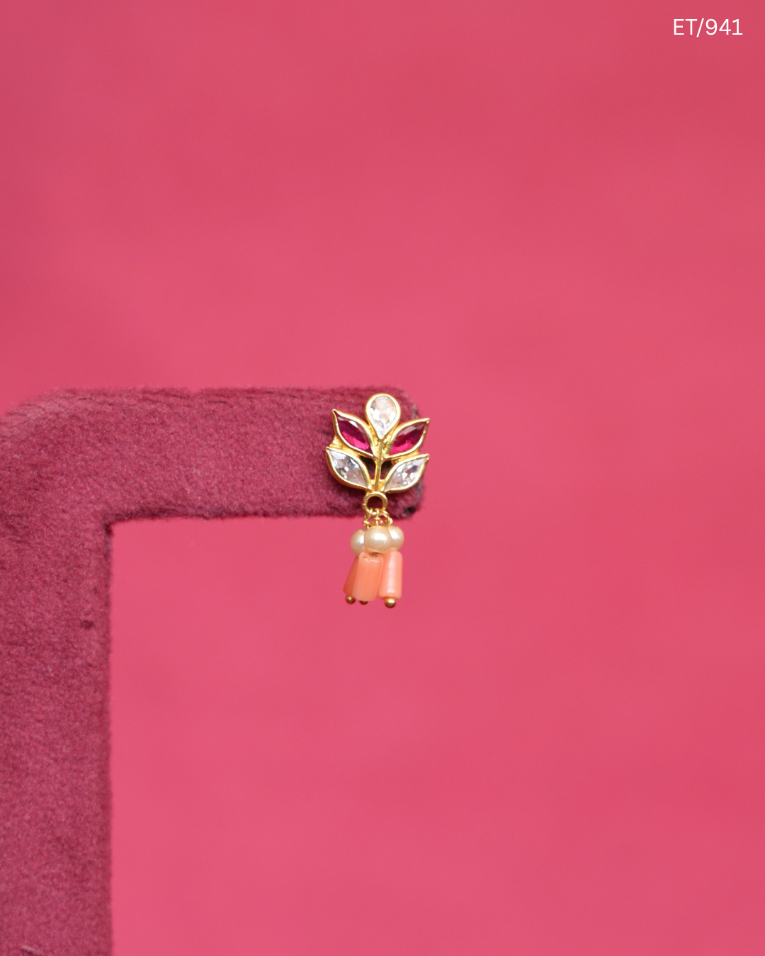 Polki Ruby Coral & Pearl Dainty Stud Earrings | SKU: ET/941