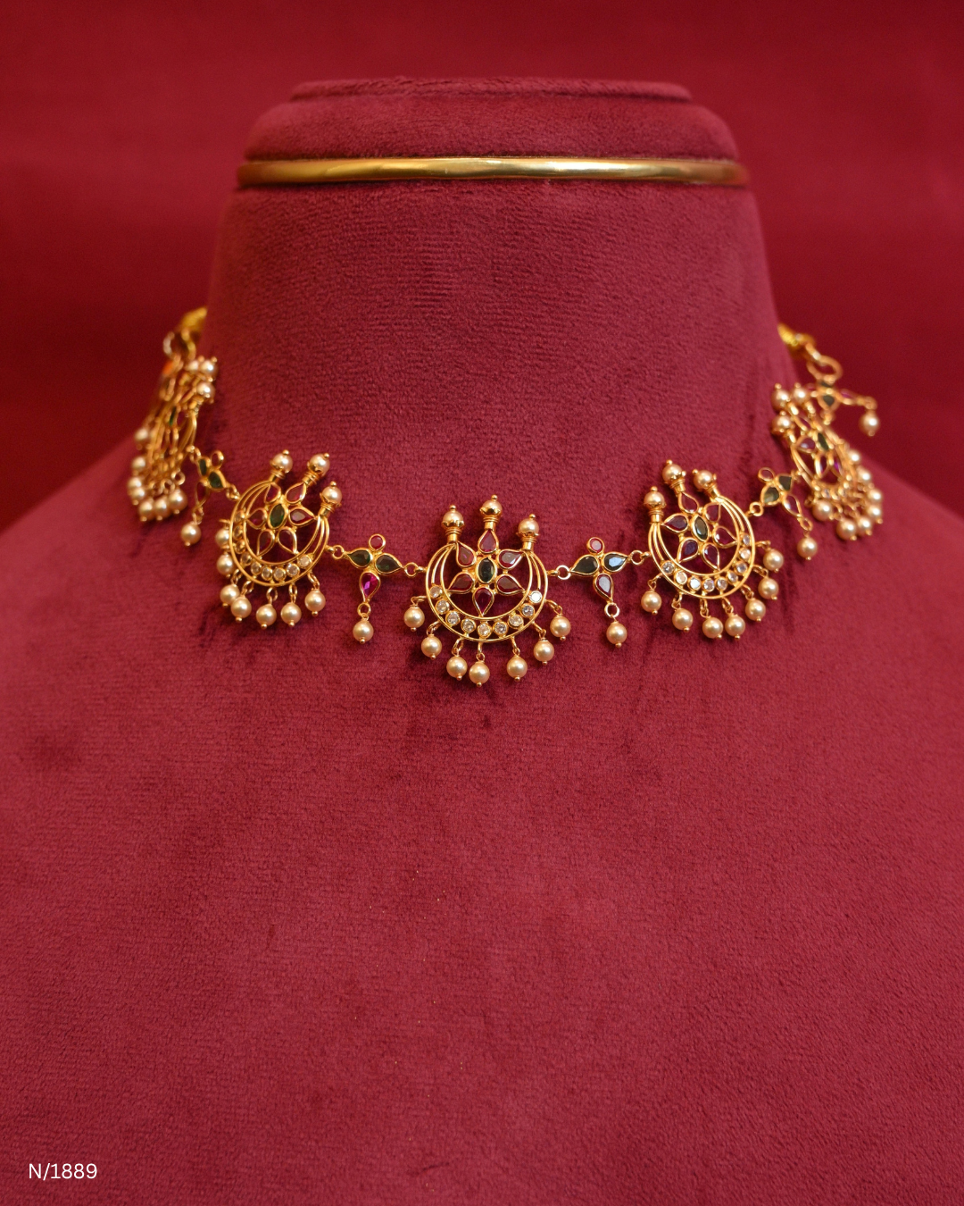 Crescent Chandbali & Floral Cluster Station Choker Necklace | SKU: N/1889