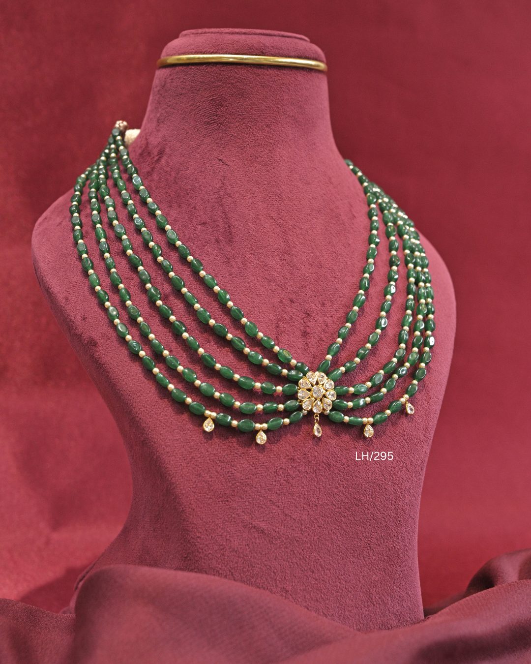 Floral CZ Motif Five-Strand Emerald Oval Bead Layered Haram | SKU: LH/295