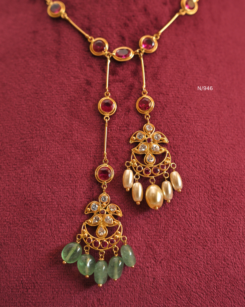 Ruby Station Lariat Necklace with Asymmetrical Pearl & Emerald Chandbali Drops |SKU: N/946
