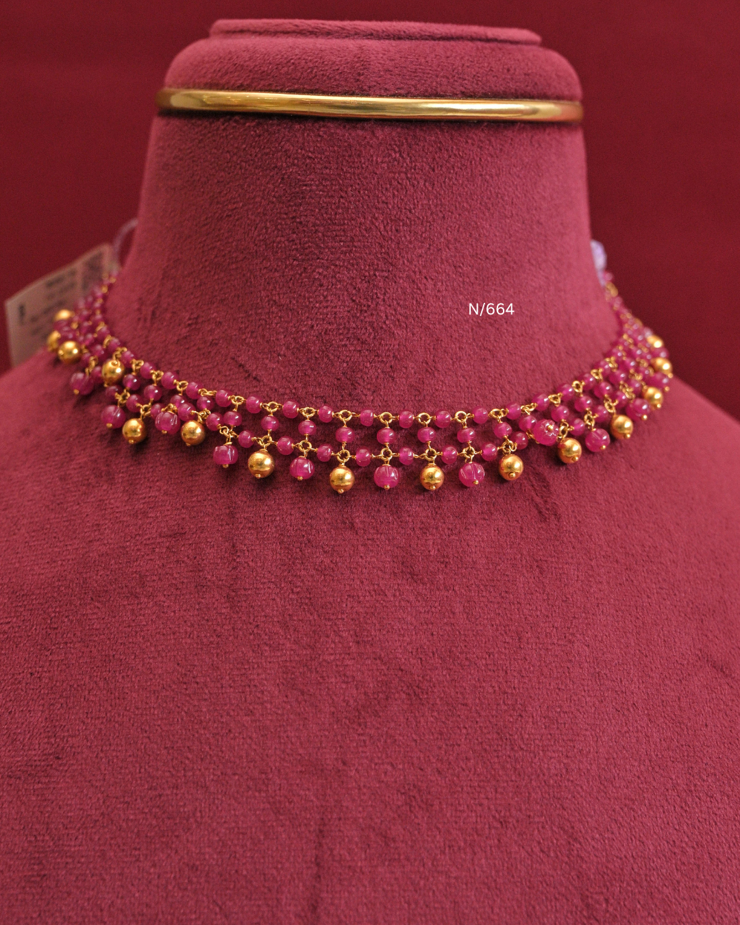 Crimson Pink Ruby Bead & Gold Ball Fringe Necklace | SKU: N/664