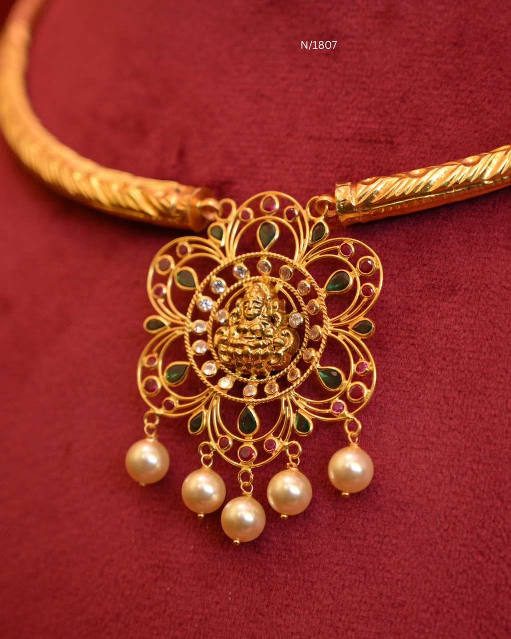 Goddess Lakshmi Floral Openwork Pendant Tubular Hasli Necklace with Rubies, Emeralds, CZ & Pearl Drops | SKU: N/1807