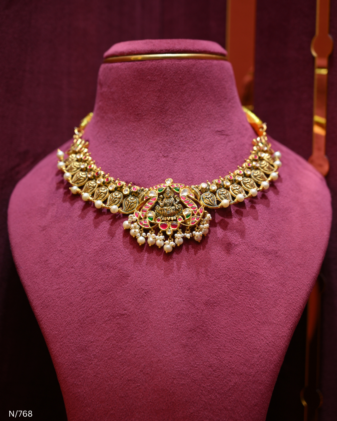 Antique Gold Temple Lakshmi Nakshi, Ruby & Pearl Choker | SKU: N/768