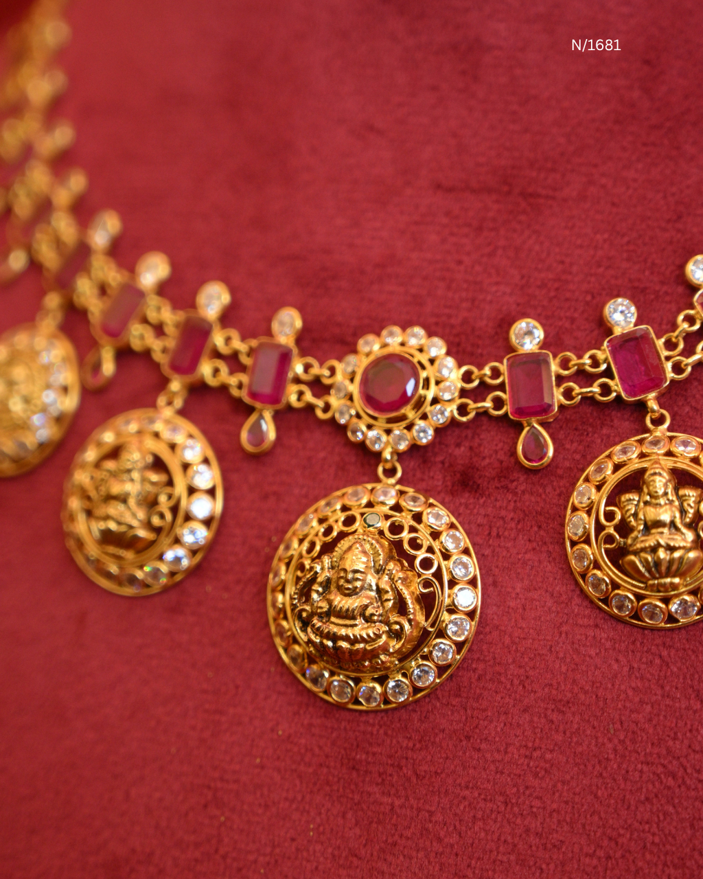 Goddess Lakshmi Circular Medallion Kasu Mala Necklace with Rectangular Rubies & CZ Polki Halos | SKU: N/1681