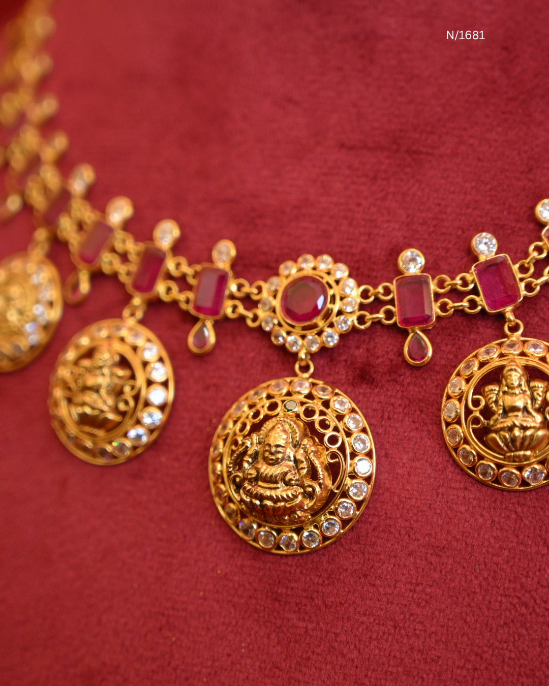 Goddess Lakshmi Circular Medallion Kasu Mala Necklace with Rectangular Rubies & CZ Polki Halos | SKU: N/1681