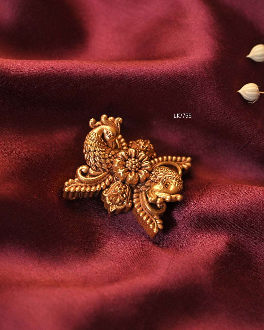 Antique Gold Twin Peacock & Floral Bloom Nakshi Temple Pendant |SKU: LK/755