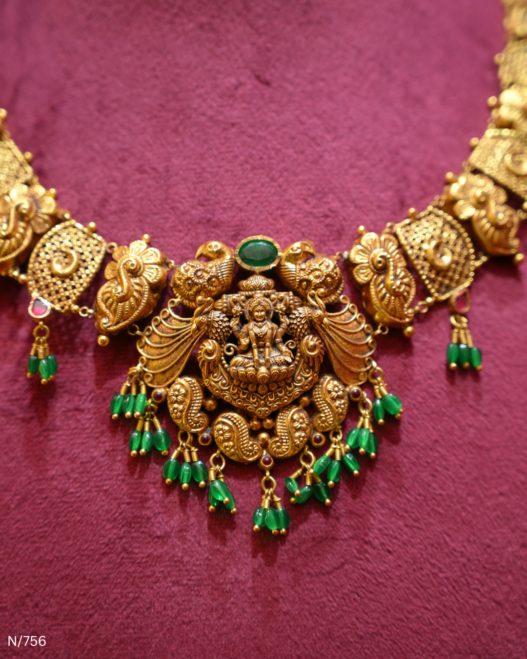 Antique Gold Temple Lakshmi & Green Bead Necklace | SKU: N/756