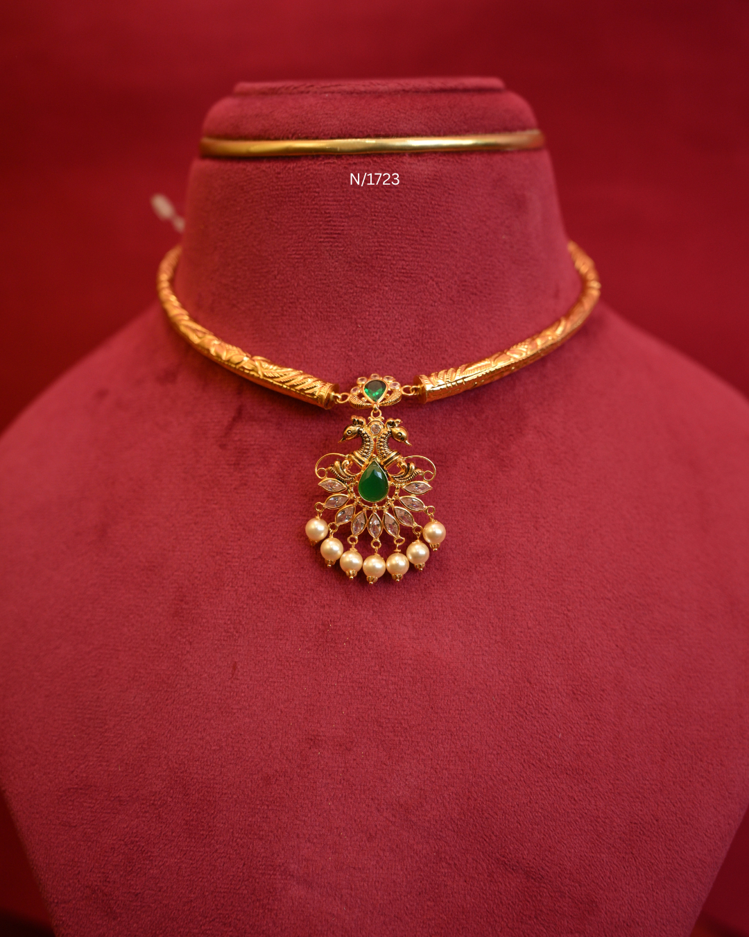 Twin Peacock Pendant Tubular Hasli Necklace with Teardrop Emerald Centerpiece, CZ Polki & Pearl Drops | SKU: N/1723