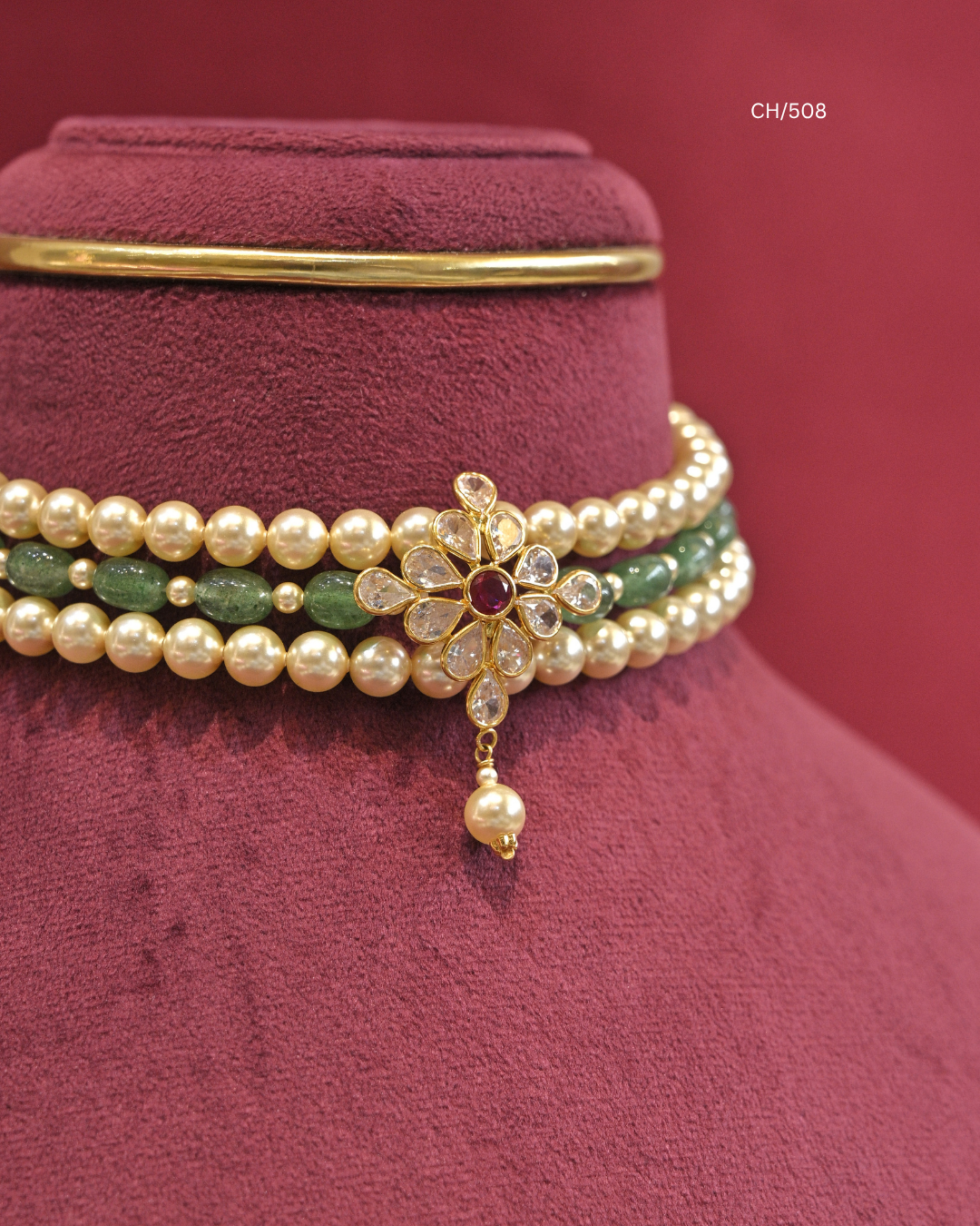 Ruby & CZ Floral Motif Pearl & Emerald Strand Choker |  SKU: CH/508