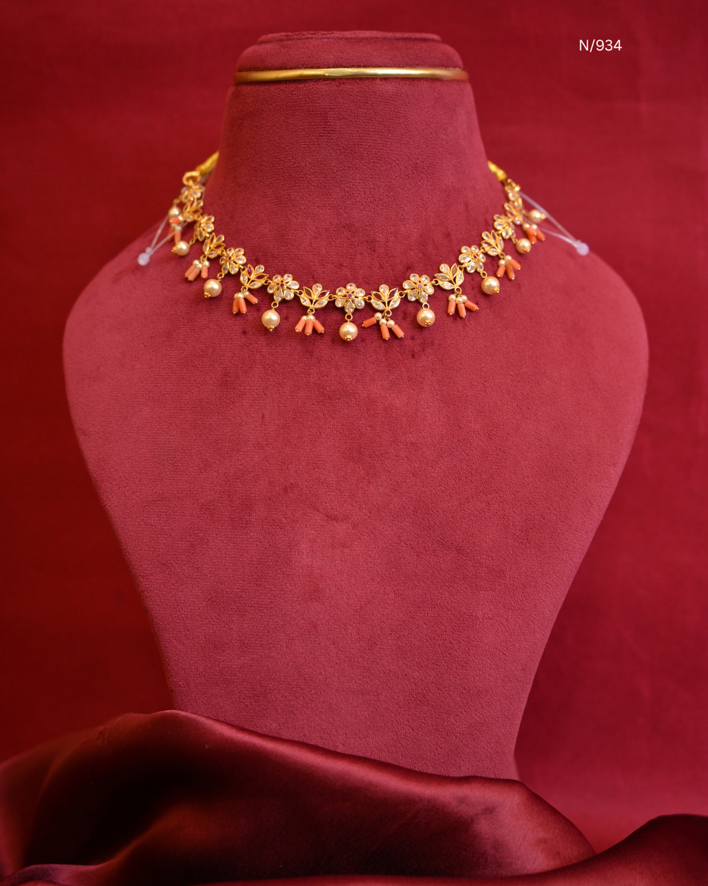 Floral CZ Polki Station Choker Necklace with Natural Red Coral (Pagadam) Clusters & Pearl Drops | SKU: N/934