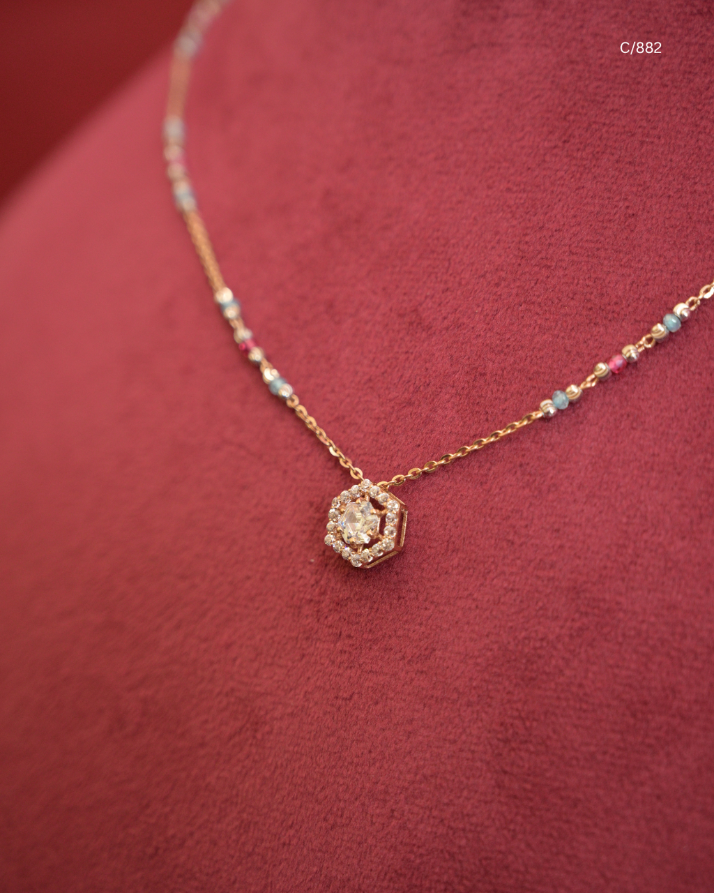 Gold Light Blue & Pearl Beaded Station Necklace with Hexagonal Pave CZ Halo Pendant | SKU: C/882