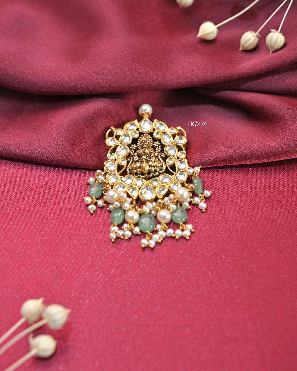 Antique Goddess Lakshmi Kundan Pendant with Emerald & Pearl Drops | SKU: LK/274