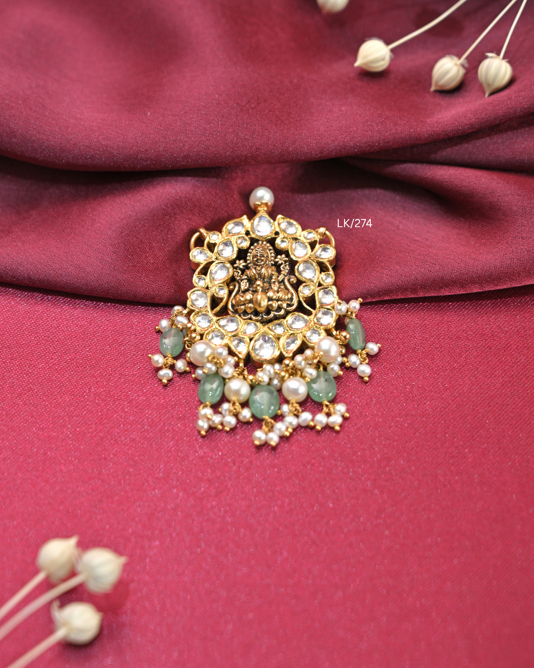 Antique Goddess Lakshmi Kundan Pendant with Emerald & Pearl Drops | SKU: LK/274