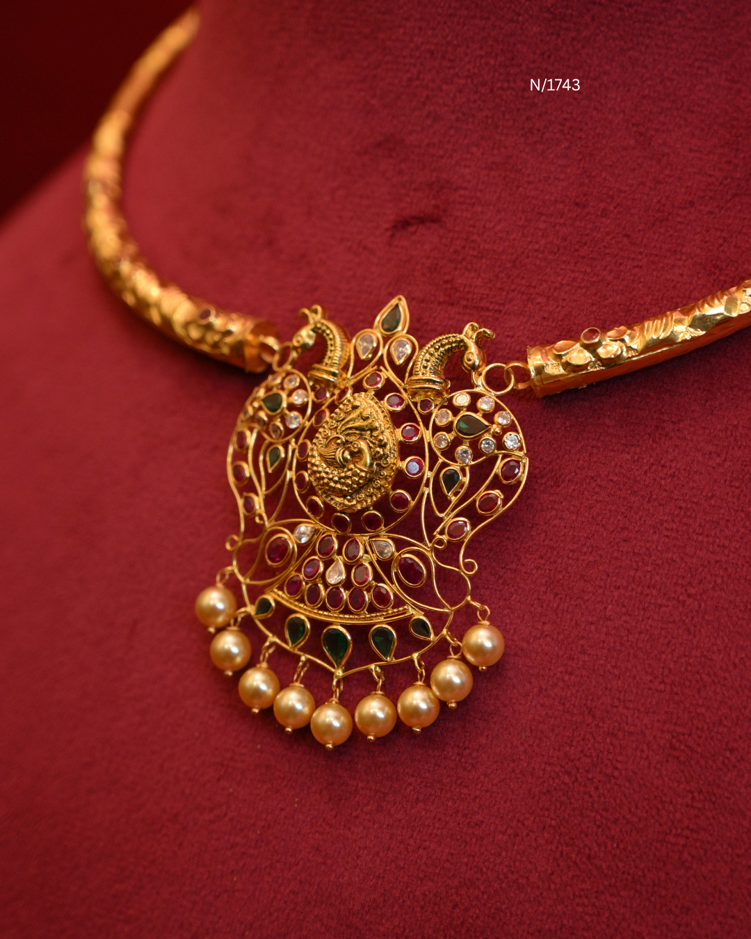 Twin Peacock Nakshi Medallion Pendant Tubular Hasli Necklace with Rubies, Emeralds, CZ & Pearl Drops | SKU: N/1743