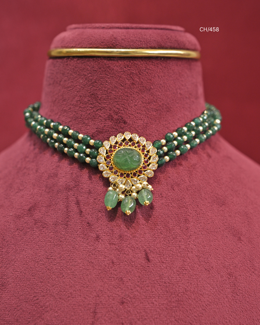 Carved Emerald Sunburst Medallion Multi-Strand Emerald Bead Choker |SKU: CH/458