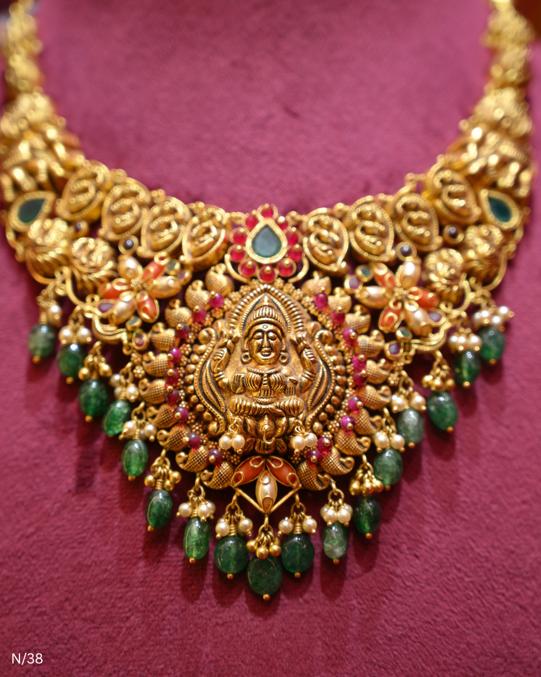 Antique Gold Temple Lakshmi Nakshi & Green Bead Necklace | SKU: N/38