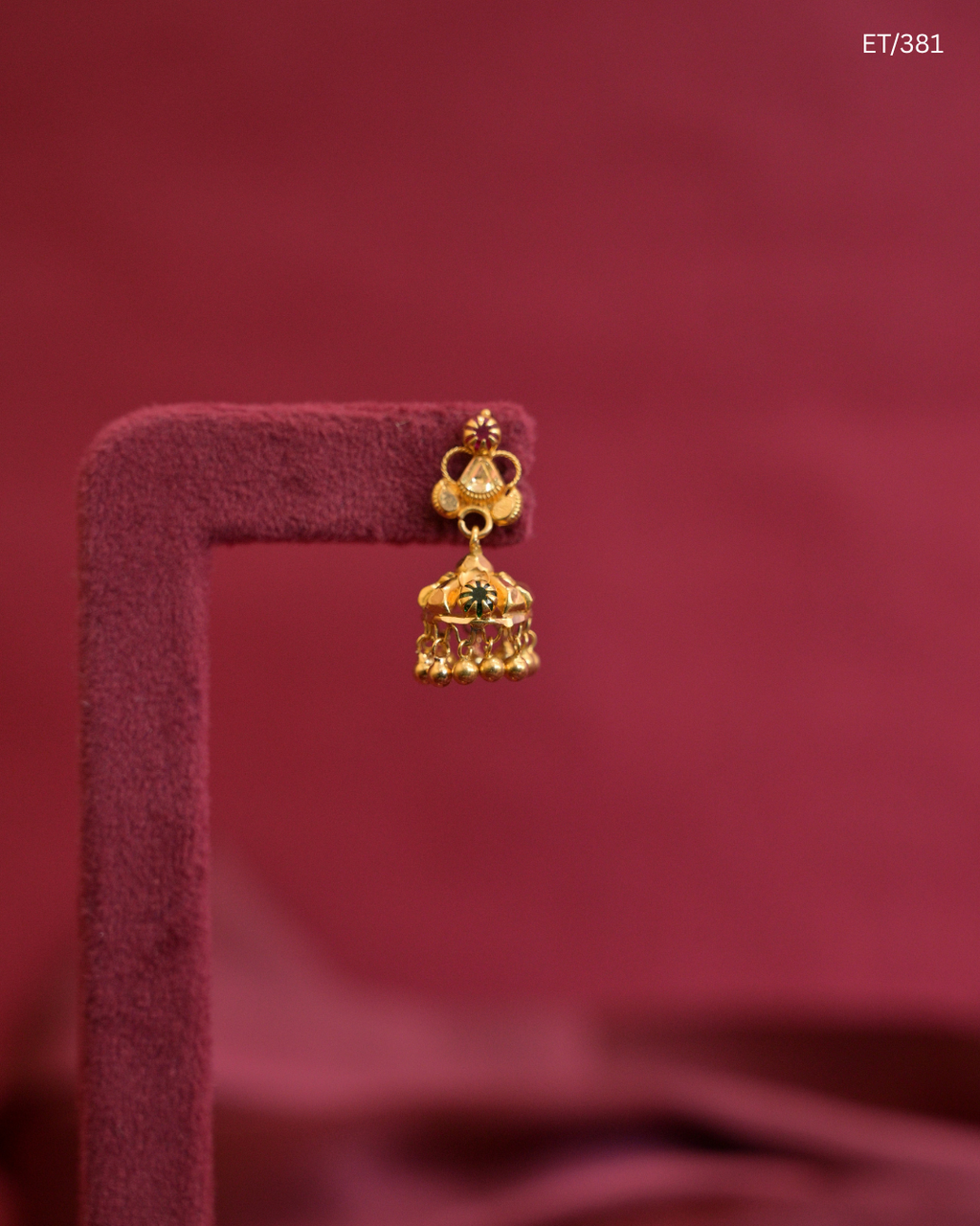 Miniature Temple Jhumka Earrings with Polki, Ruby & Gold Bead Fringes | SKU: ET/381