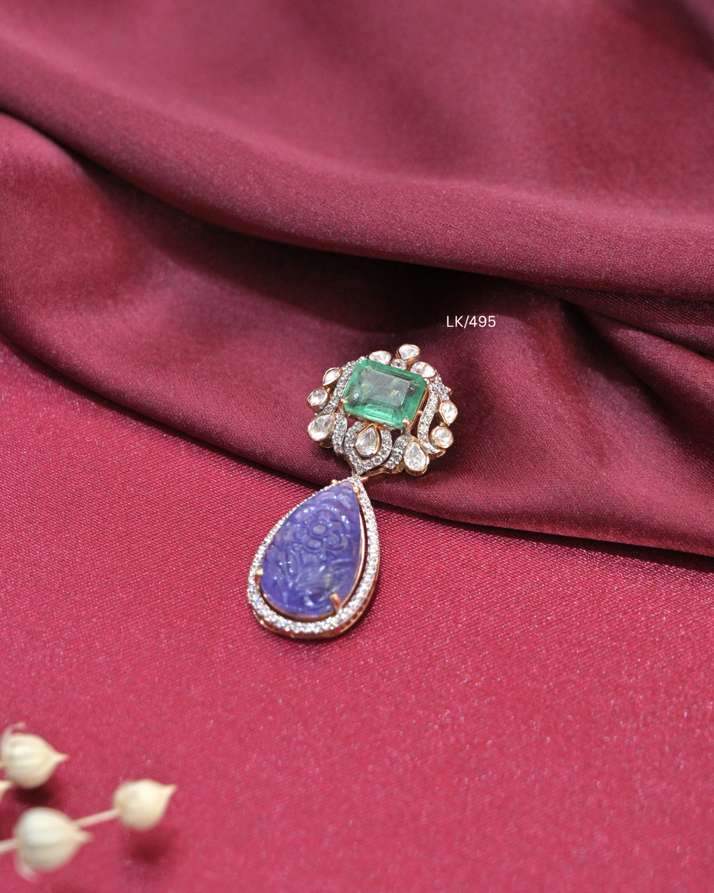 Carved Tanzanite Drop & Square Emerald CZ Pendant | SKU: LK/495