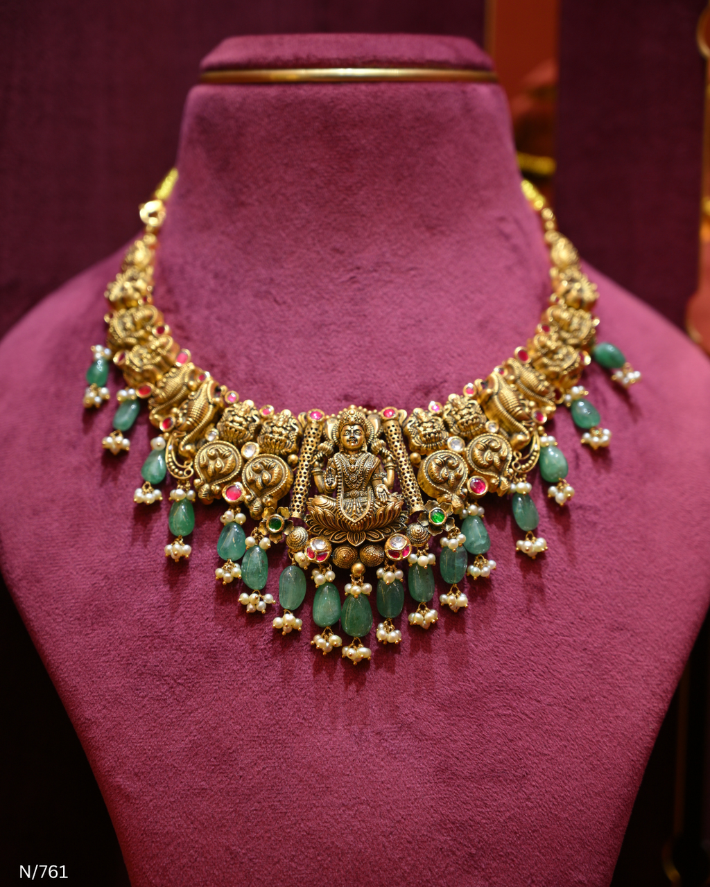 Antique Gold Temple Lakshmi Nakshi & Green Bead Necklace | SKU: N/761