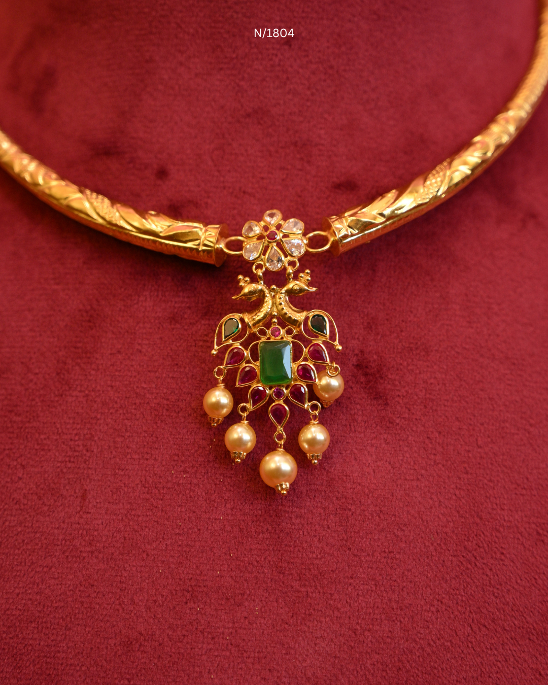 Twin Peacock Pendant Tubular Hasli Necklace with Emerald Centerpiece, Rubies, CZ & Pearl Drops | SKU: N/1804