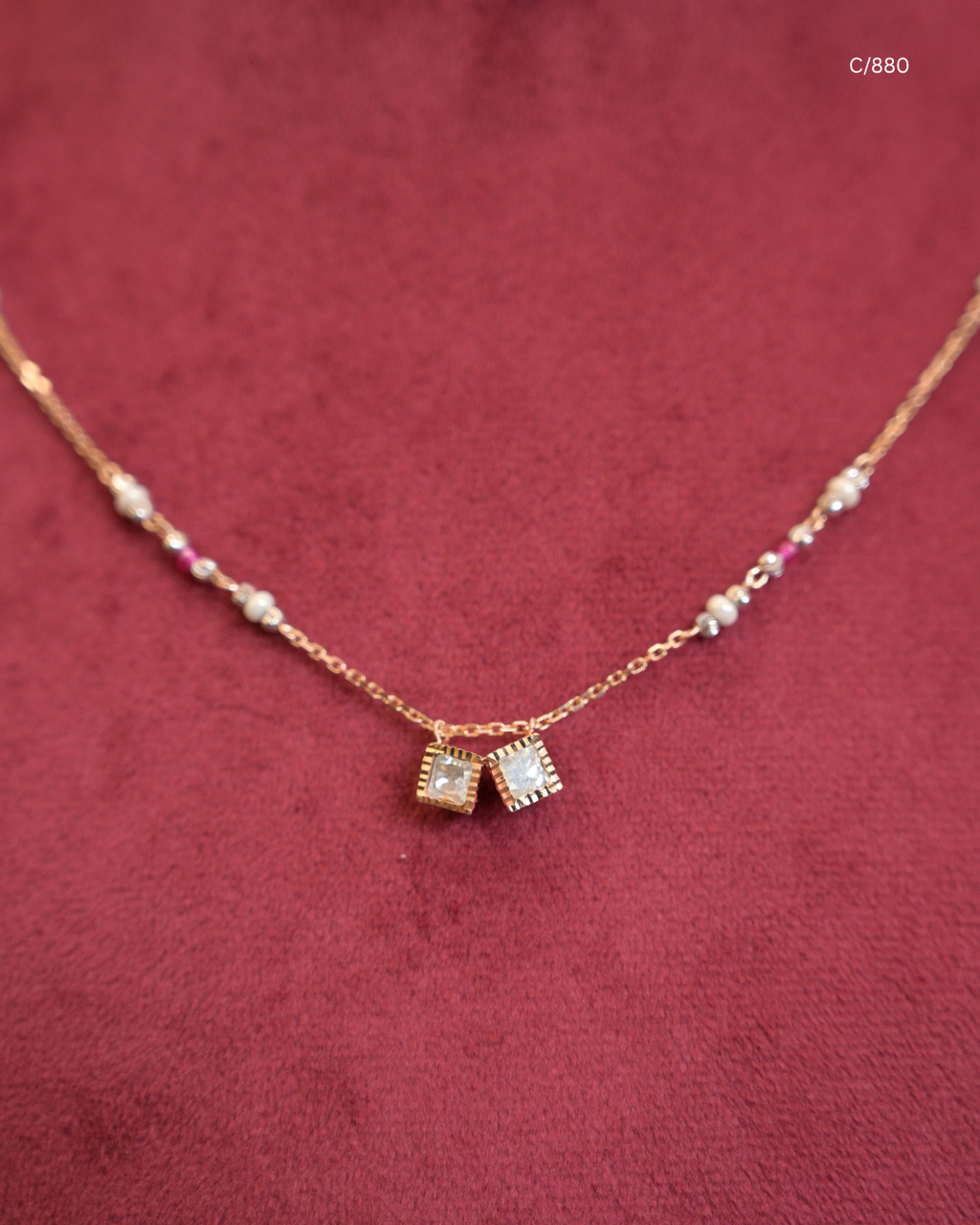 Pearl Beaded Station Necklace with Twin Pave CZ Square Halo Pendants | SKU: C/880