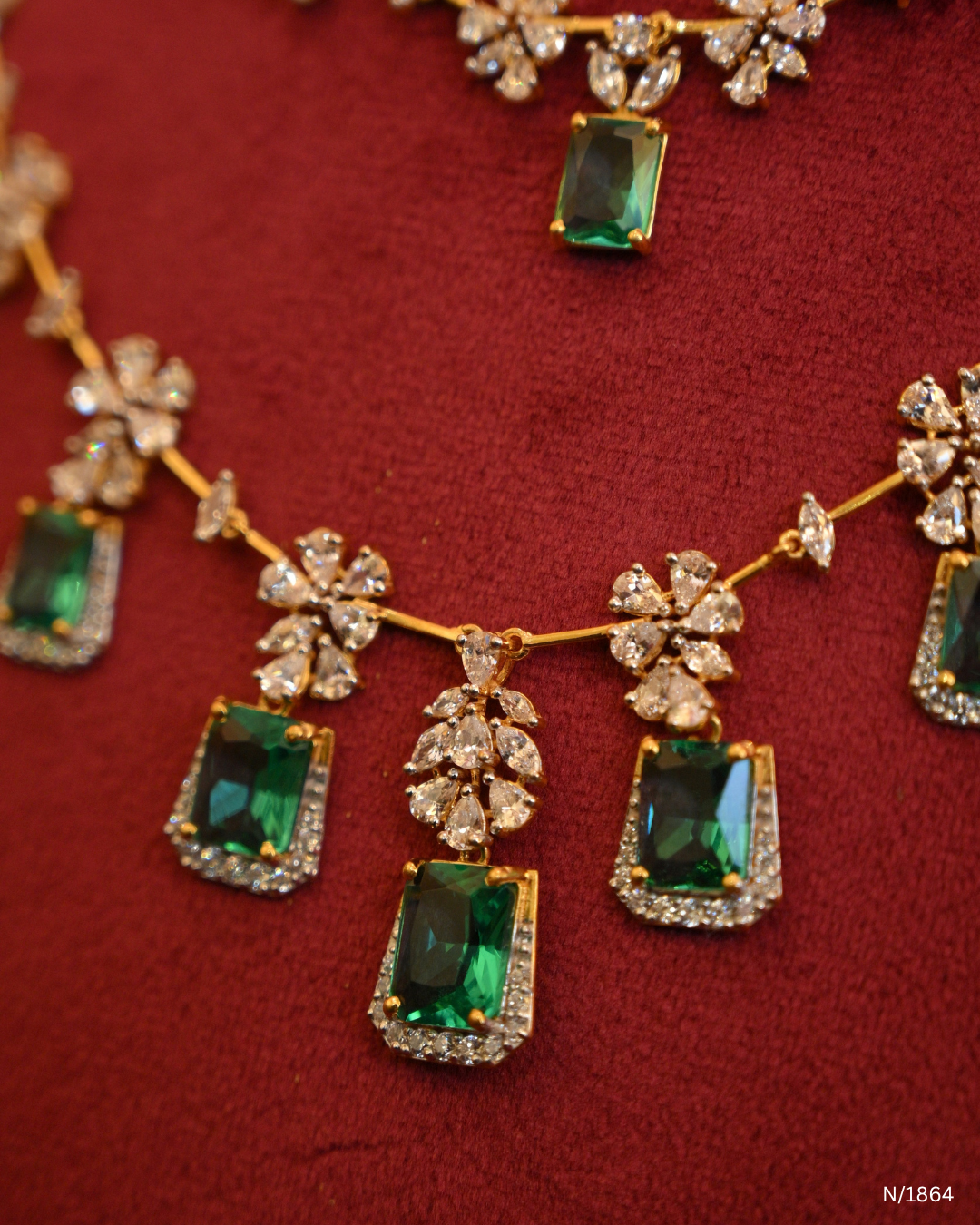Two-Tier Layered Floral CZ & Rectangular Emerald Drop Statement Necklace | SKU: N/1864