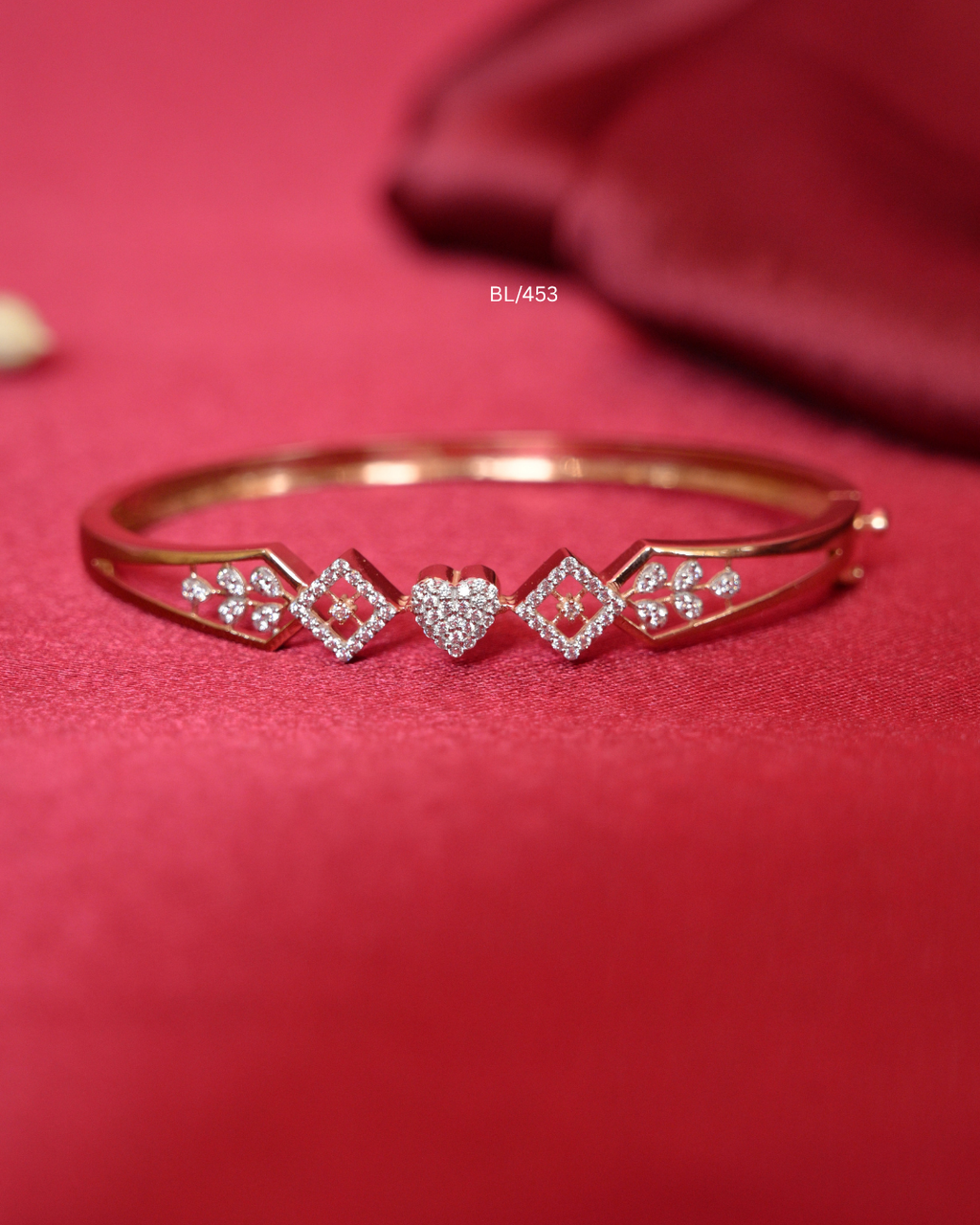 Geometric Diamond Frame & Pave CZ Heart Station Bangle | SKU: BL/453