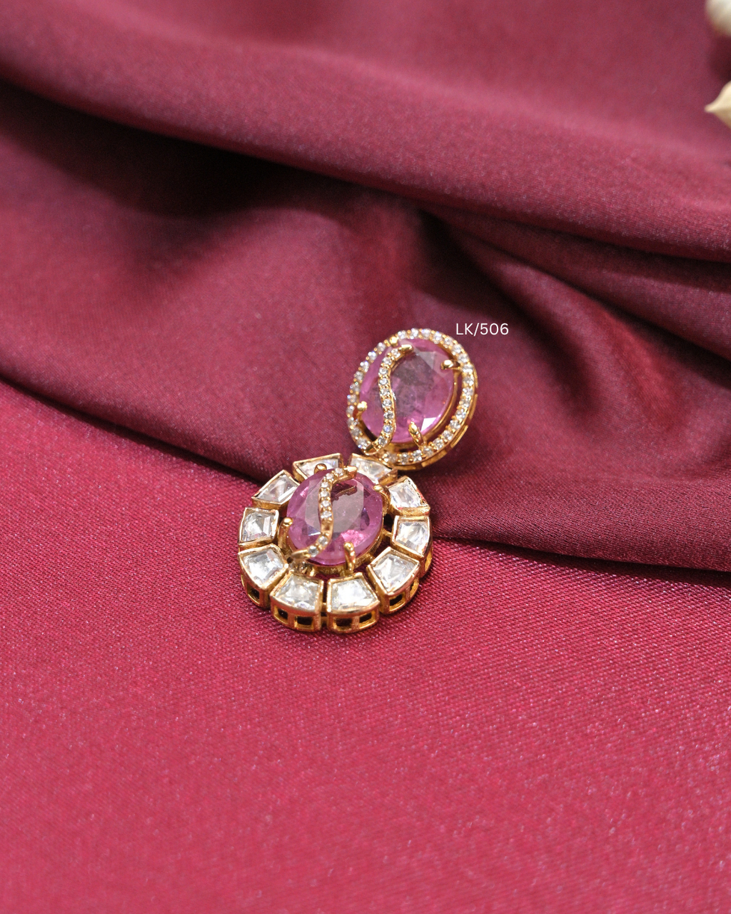 Dual Oval Cambodia Ruby & Polki-Style CZ Two-Tier Pendant | SKU: LK/506