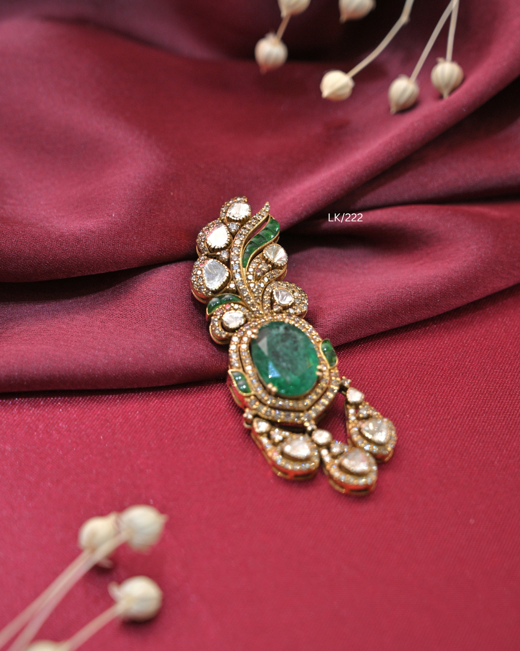 Antique Gold Oval Emerald & Polki Diamond Asymmetrical Pendant | SKU: LK/222