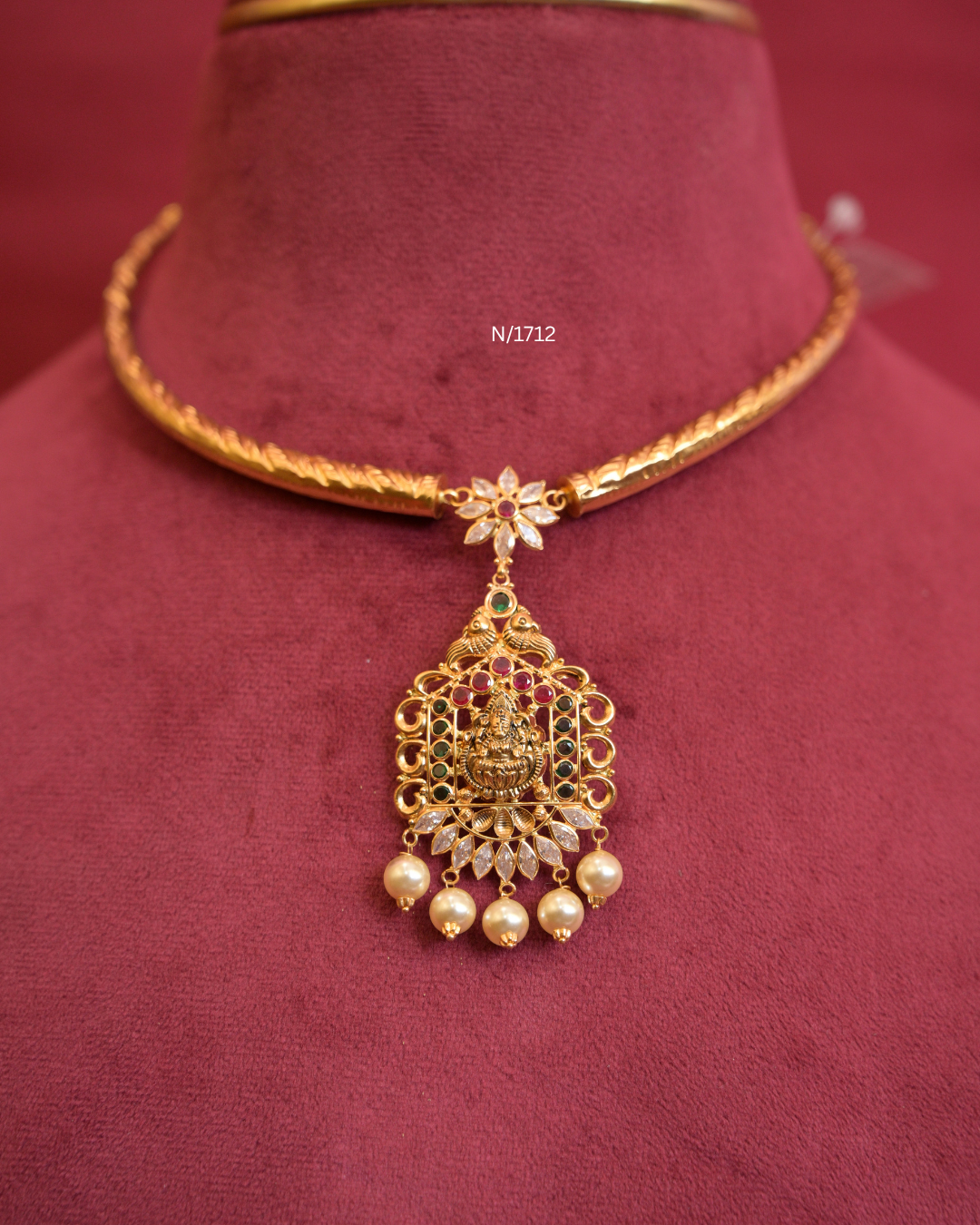 Goddess Lakshmi & Peacock Nakshi Pendant Tubular Hasli  with Ruby, Emerald, CZ & Pearl Drops | SKU: N/1712