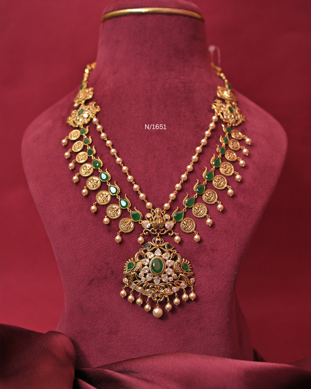 Emerald Kasu Mala Haram with Layered Pearl Chain & Lakshmi Pendant |SKU: N/1651