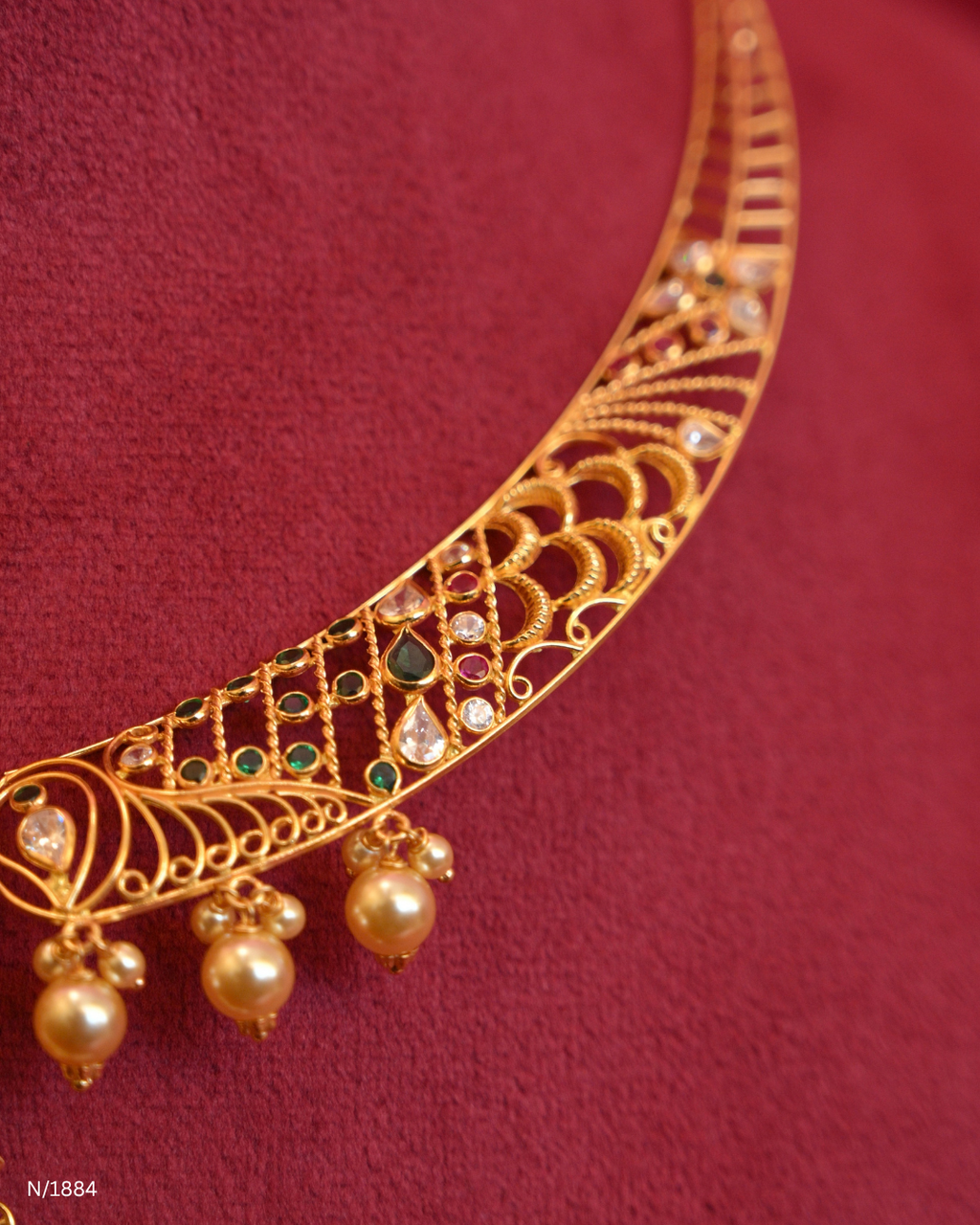 Goddess Lakshmi & Peacock Openwork Temple Choker Necklace with Pearl Bead Drops | SKU: N/1884