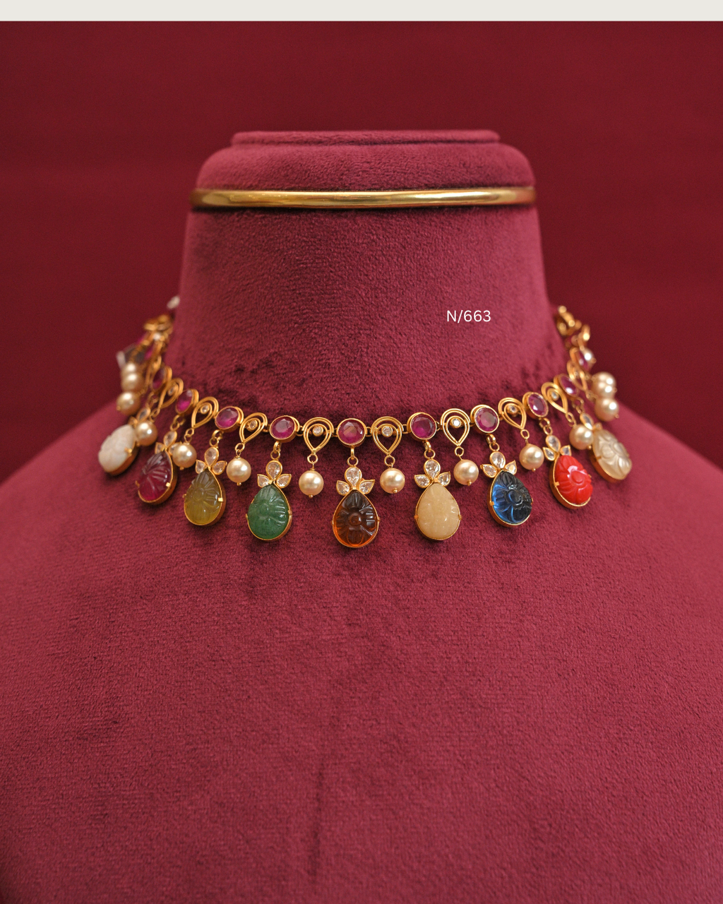 Ruby Line Necklace with Carved Teardrop Navratna Drops & Pearls |SKU: N/663