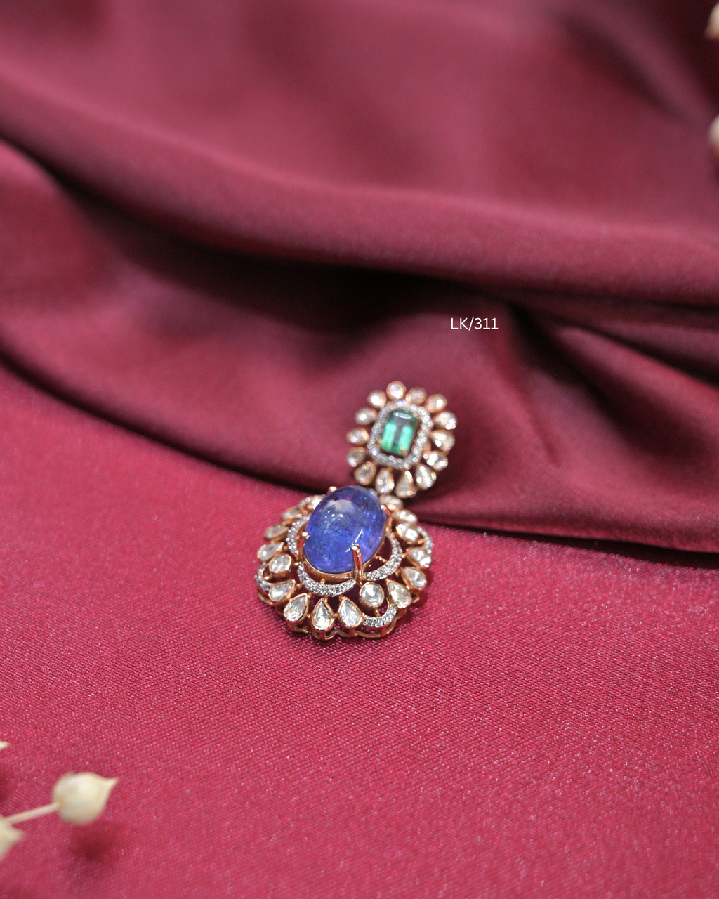 Oval Tanzanite & Square Emerald Dual Halo Pendant |SKU: LK/311