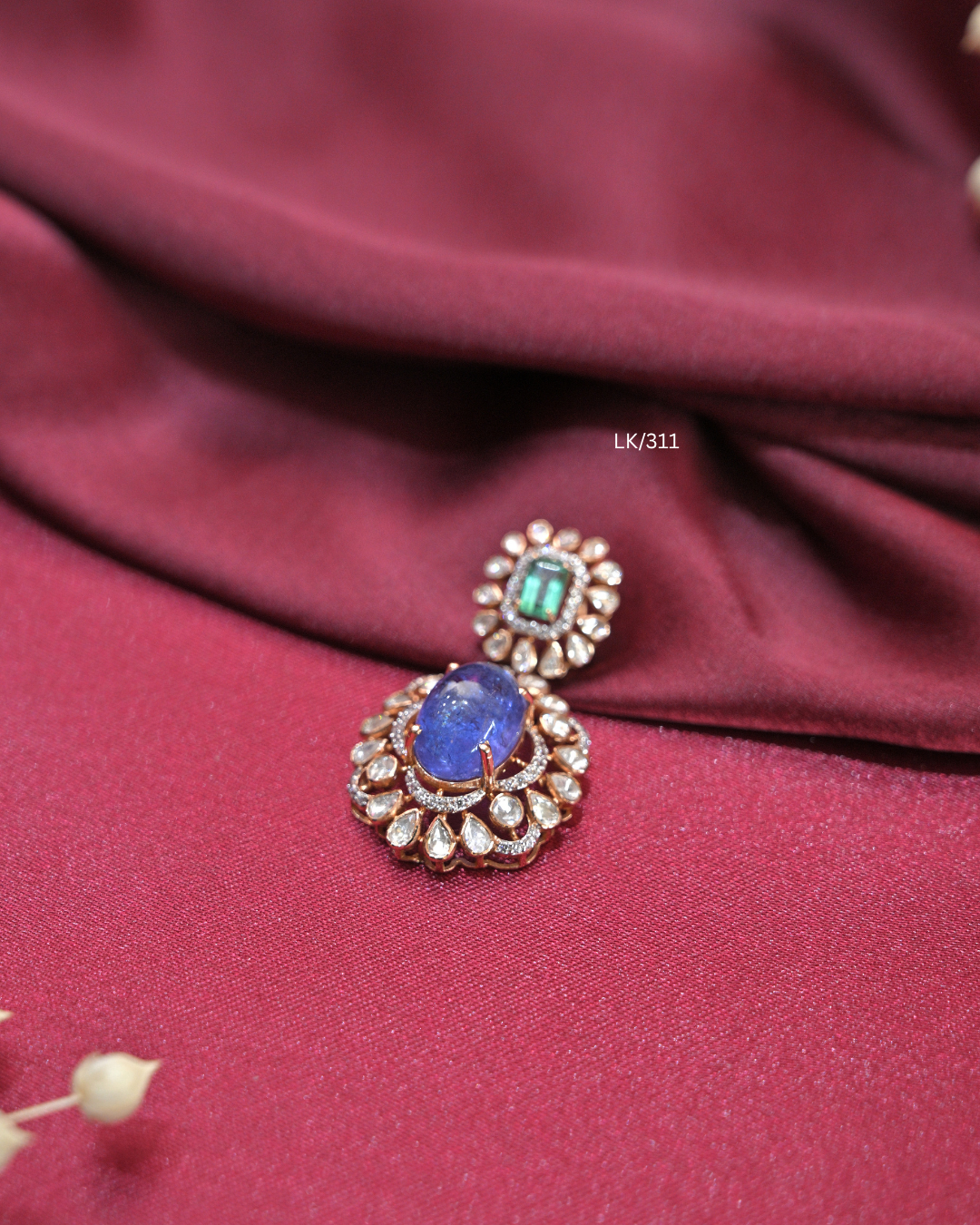 Oval Tanzanite & Square Emerald Dual Halo Pendant |SKU: LK/311