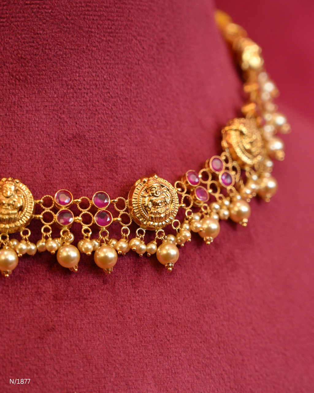 Goddess Lakshmi & Ruby Cabochon Temple Choker Necklace with Pearl Drops | SKU: N/1877