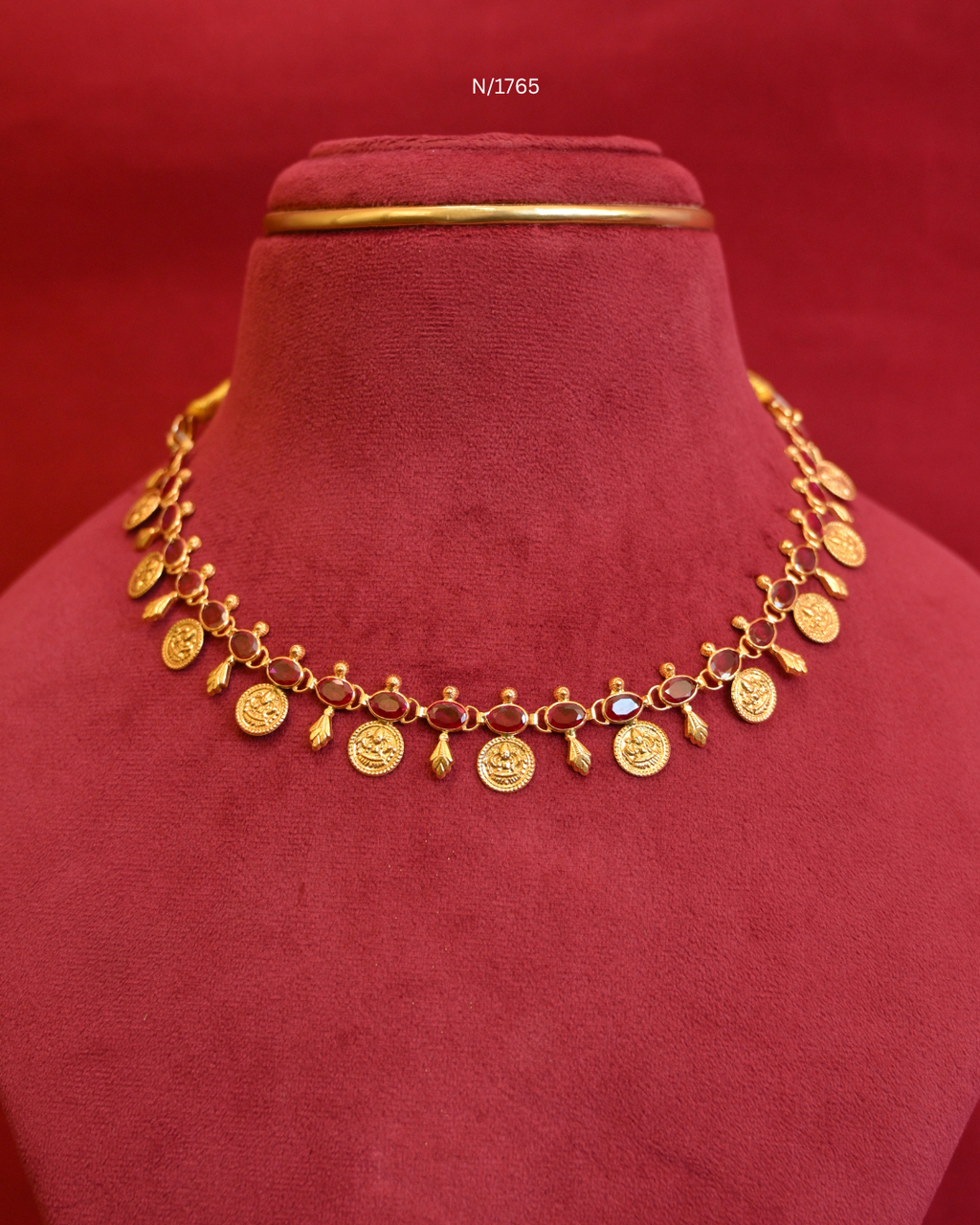 Goddess Lakshmi Kasu (Coin) & Oval Ruby Station Choker Necklace with Gold Leaf Charms | SKU: N/1765
