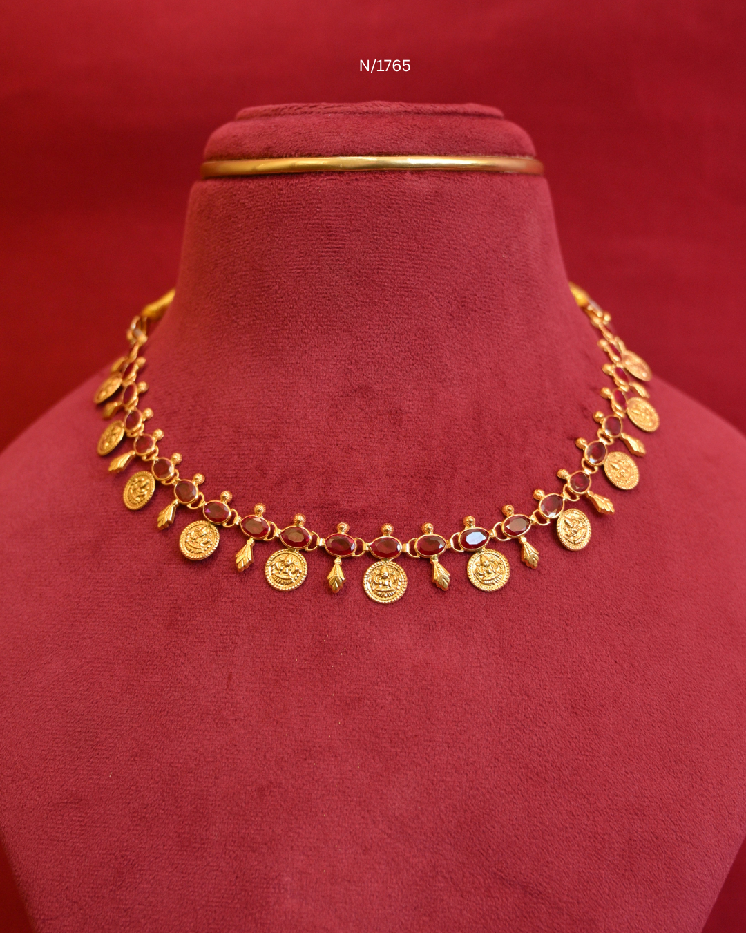 Goddess Lakshmi Kasu (Coin) & Oval Ruby Station Choker Necklace with Gold Leaf Charms | SKU: N/1765