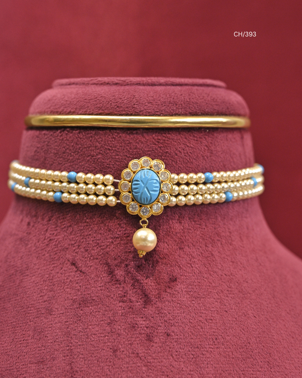 Carved Turquoise Floral Medallion & Pearl Multi-Strand Choker |  SKU: CH/393