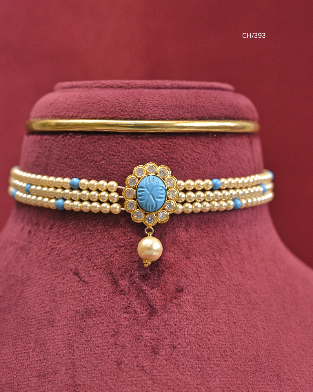 Carved Turquoise Floral Medallion & Pearl Multi-Strand Choker |  SKU: CH/393